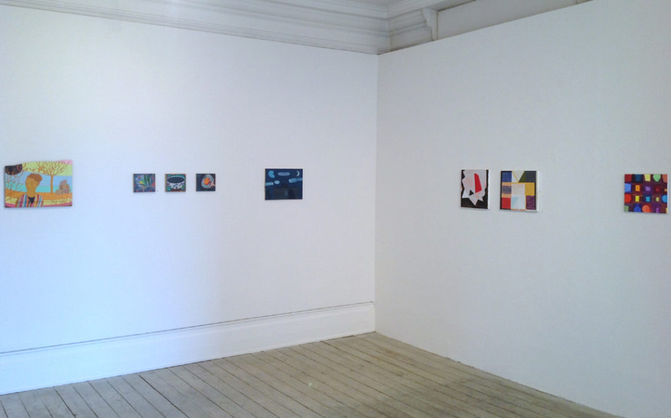'Panel Paintings', Eagle Gallery, London (2013). 2nd and 3rd from right, Parcheesi (Purple) (2013) and Valletta II (2013)