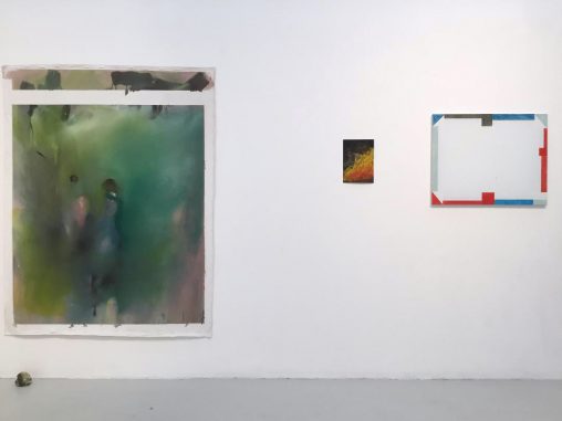 Installation photograph of paintings, one on the right titled Untitled (Proscenium) by David Webb