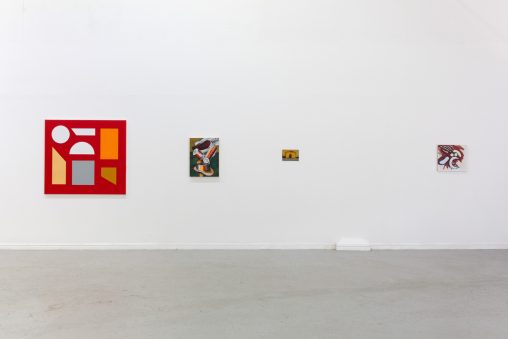 Installation photograph of paintings, one on the left titled St Nicholas of the Roof (Red) 2021 by David Webb