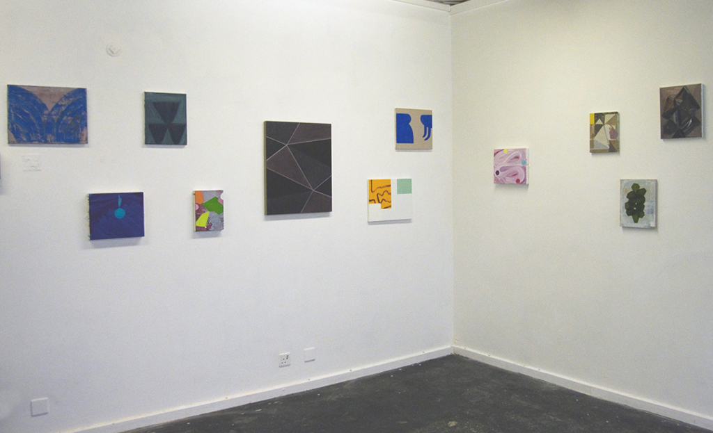 'Without an Edge There Is No Middle', Pluspace, Coventry (2013). 3rd from right: Windmill (2008). 5th from right: Smoking Room (Blue) (2011)