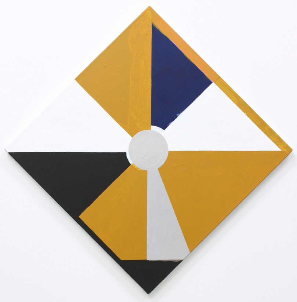 A diamond aspect painting in ochre, white and dark colours and a pale grey keyhole shape in the centre