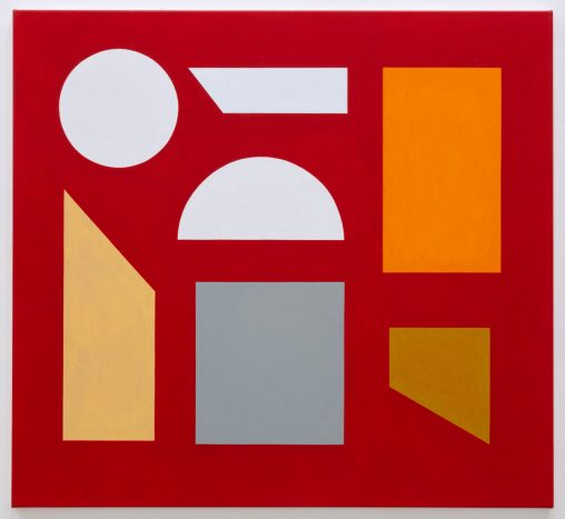 A red painting with hard edged shapes in white, grey and warm colours on top
