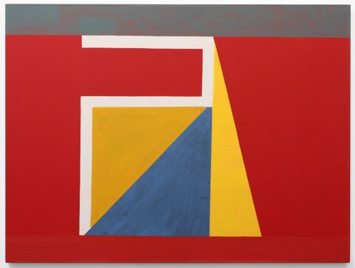 A painting with a large shape in the foreground in yellow and blue, with a red foreground and a grey bar at the top