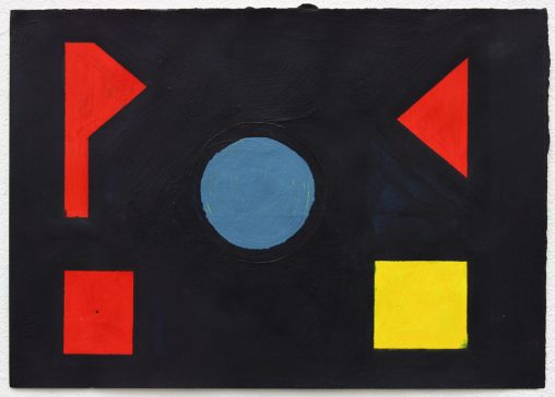 Painting with dark background and floating shapes in primary colours