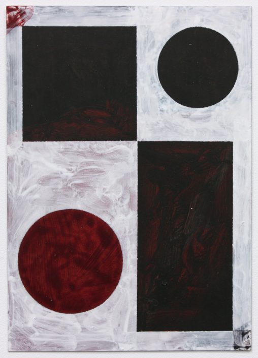 Painting with layers of dark and white, dark circles, a square and a rectangle surrounded by layers of white