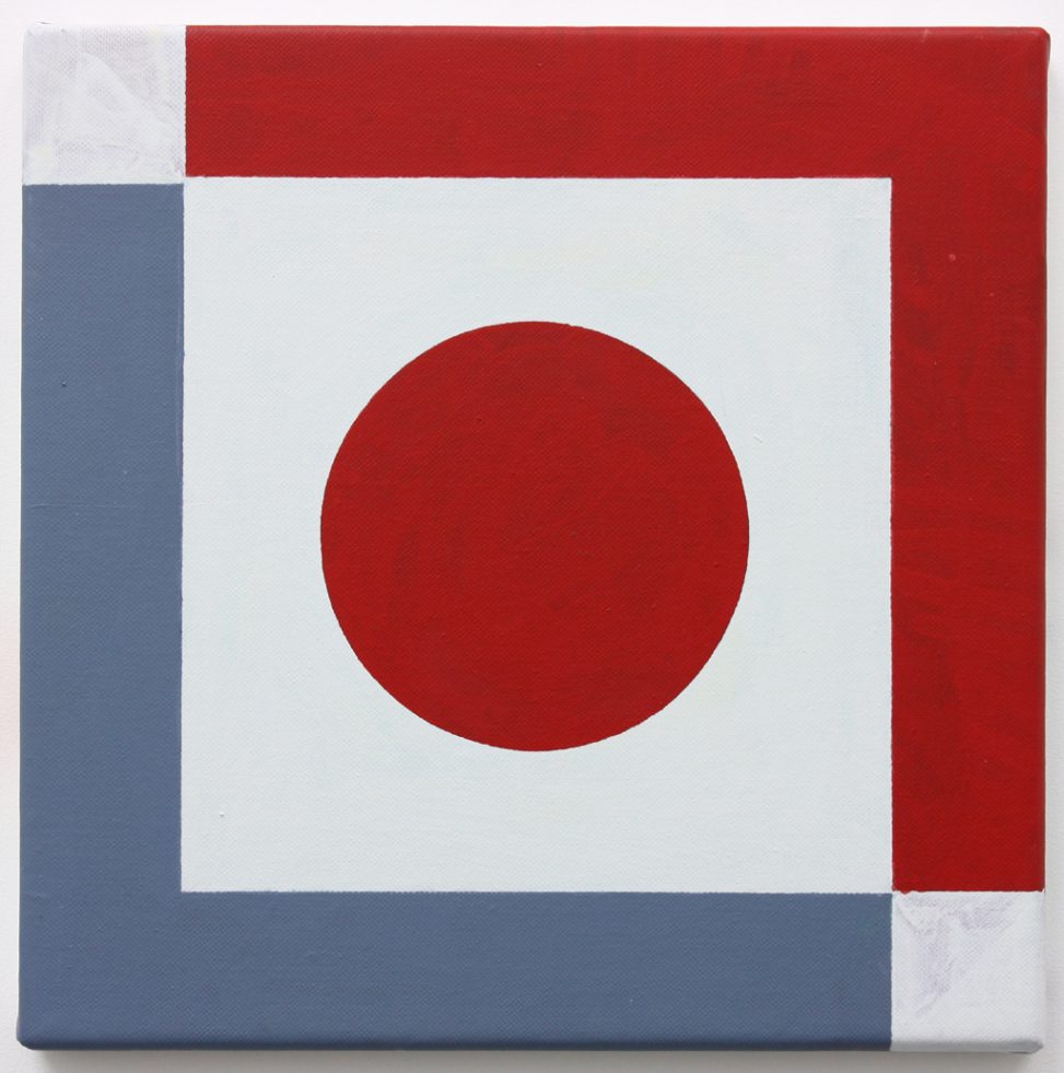 A square painting with a central red circle, with red and grey bars on opposite corners of the square