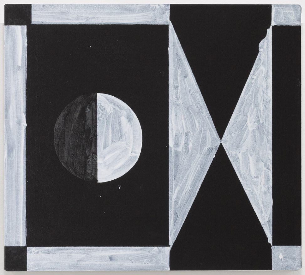 A painting in white and black, the white layered on top to create a wash of grey. Shapes are a circle, triangles, and framing rectangles