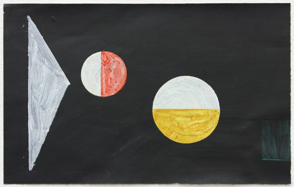 A painting with a dark background and two circles floating in the central space next to a triangle to the left