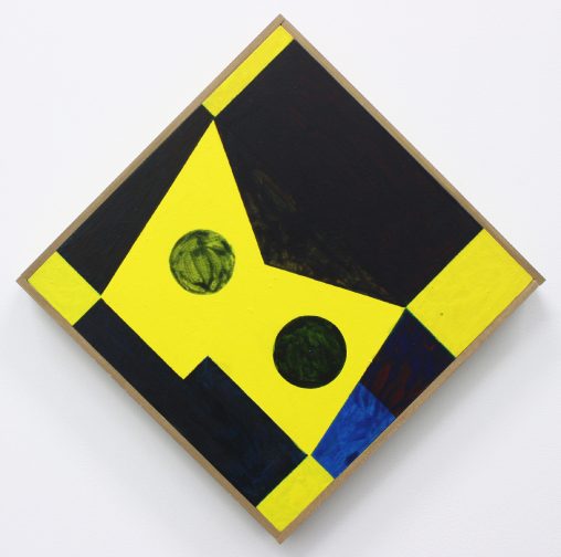 A square painting turned to hang as a diamond with dominant colours of bright yellow and a darker/black colour