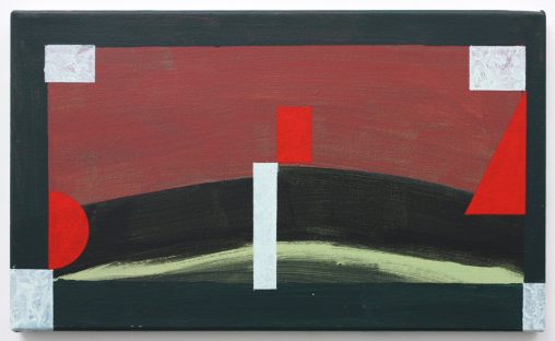 A rectangular painting with bright red and grey shapes dispersed across a dark and red background