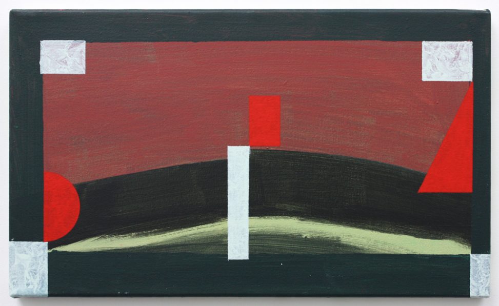 A rectangular painting with bright red and grey shapes dispersed across a dark and red background