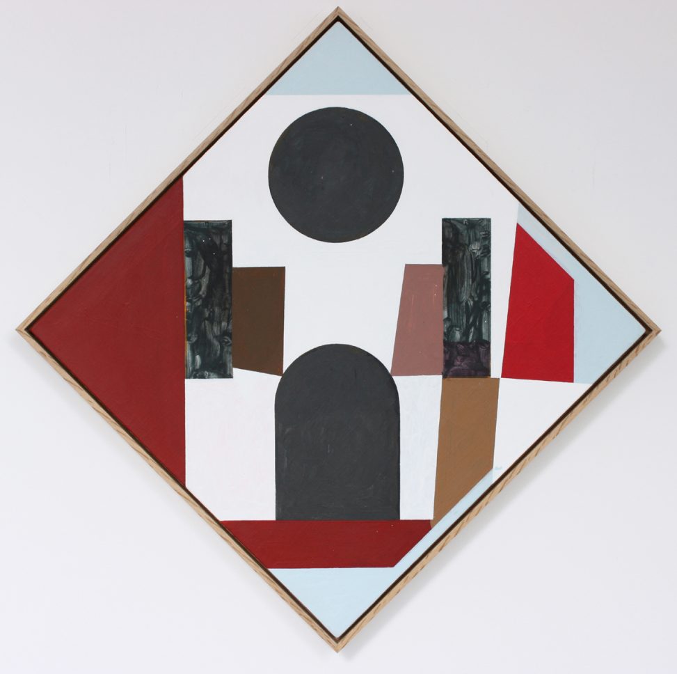 A diamond shaped painting with shades of red, made up of non-uniform shapes and a large grey circle