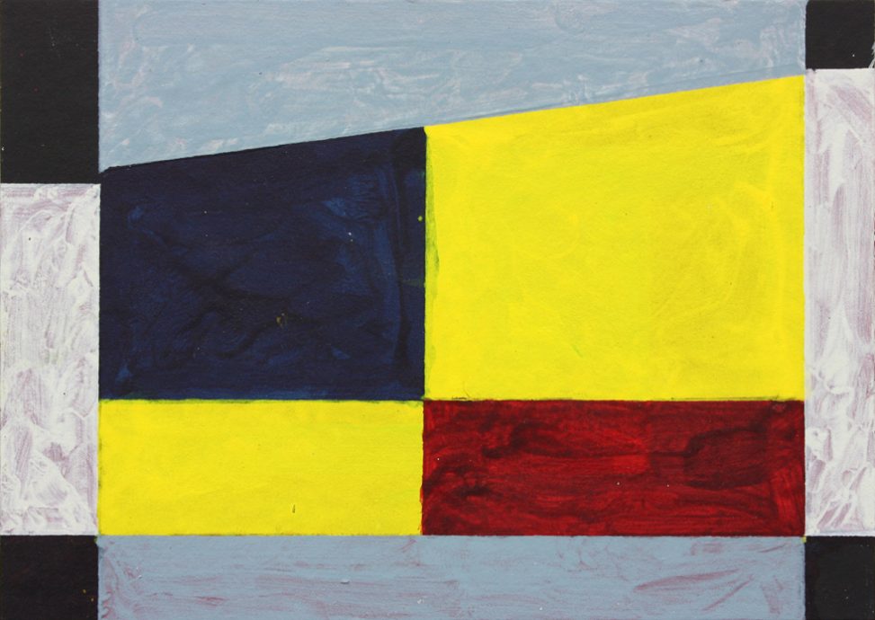 A colourful painting with dominant yellow shapes divided up into rectangles with visible layers and brushstrokes