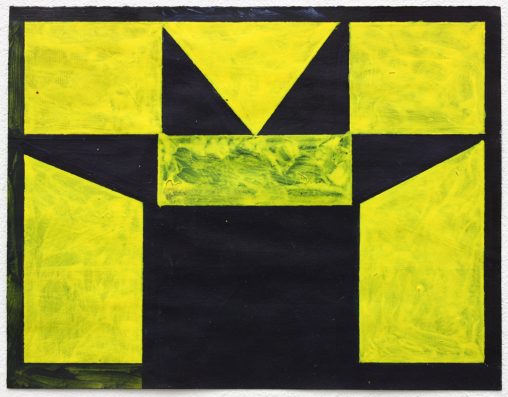 A painting using yellow and dark/black, with a black frame element and a central shape with triangles at the top in a kind of star formation