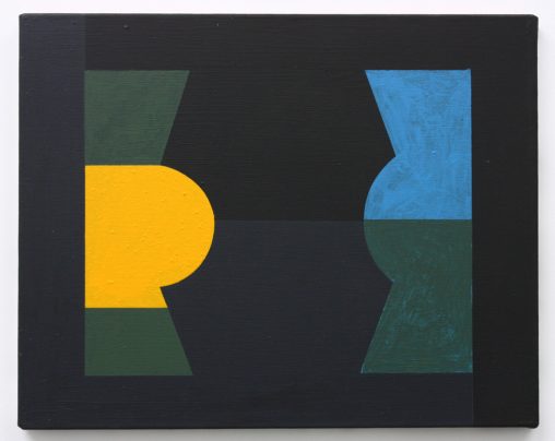 A painting with a dark background in black and navy with a bright yellow shape in central left and a blue shape in central right