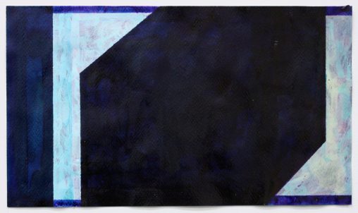 Painting on paper in shades of blue with two shapes on either side of an expanse of layers forming a dark blue