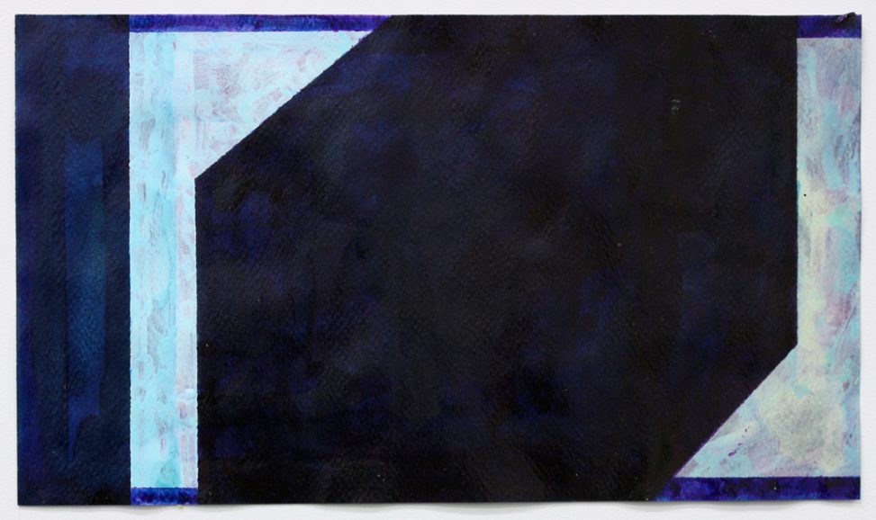 Painting on paper in shades of blue with two shapes on either side of an expanse of layers forming a dark blue