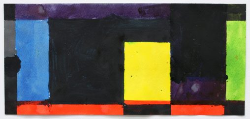 Small painting made up of many rectangle shapes in bright colours surrounded by darker rectangles