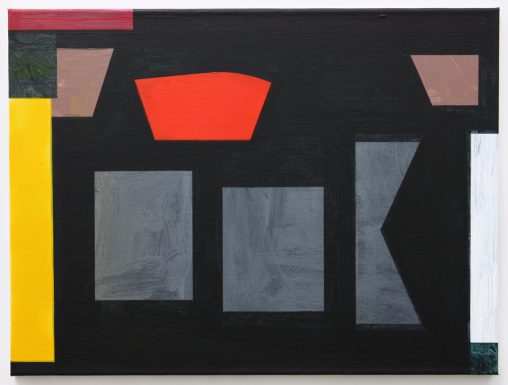 A painting with a dark grey background and floating grey shapes in a the centre with other brighter shapes surrounding