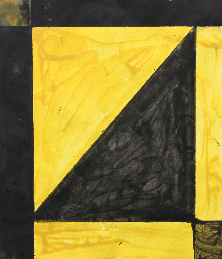 A portrait oriented painting made up of yellow and black shapes including two central triangles surrounded by rectanlges