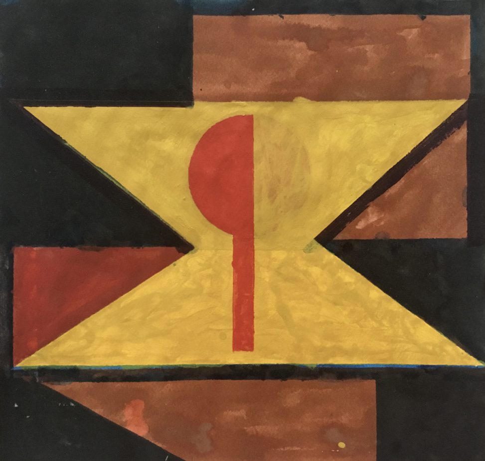 A painting using muted shades of warm colours witha central reddish shape surrounded by a triangles and rectangles