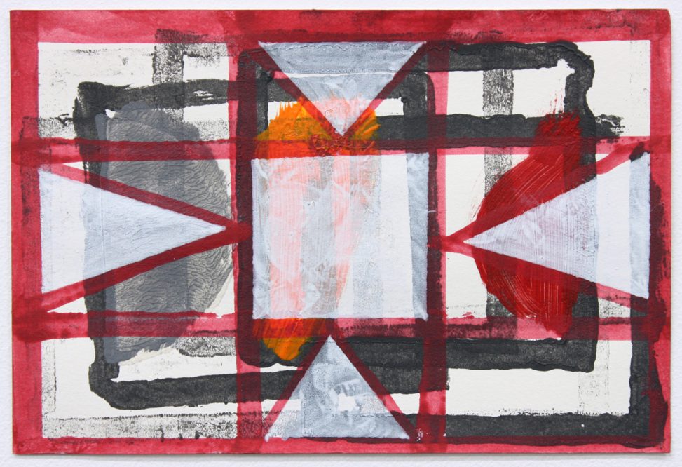 A painting made with thin layers of paint in red, white and black. Outlines of triangles come off a central square outlined in red