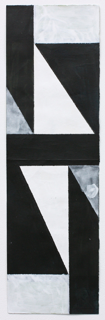 A tall thin painting with large black and white graphic triangles