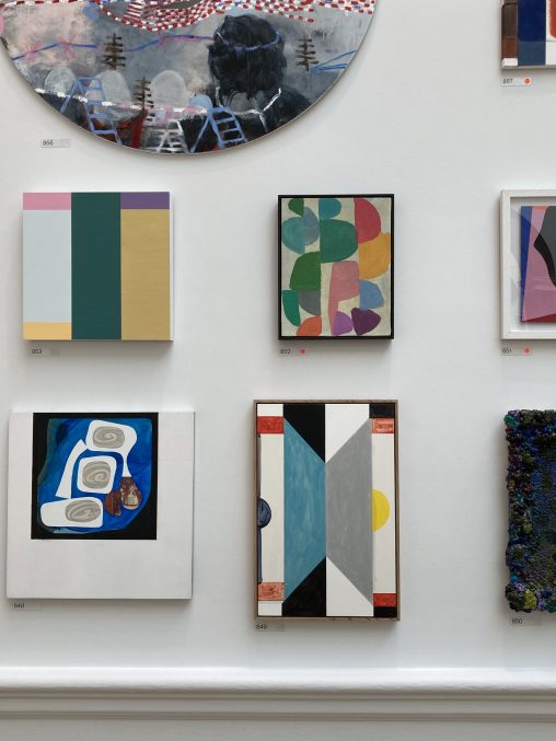 Installation photograph of paintings, one on Bottom row, centre titled Galata (BC), 2019 by David Webb