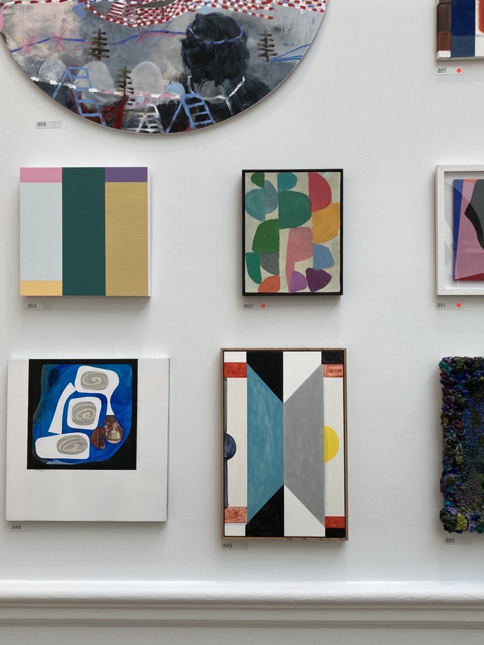 Installation photograph of paintings, one on Bottom row, centre titled Galata (BC), 2019 by David Webb