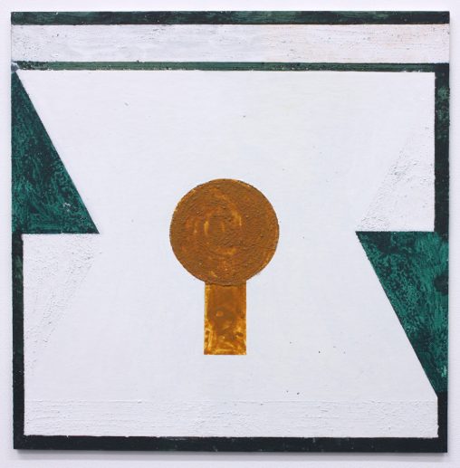 Painting with central ochre shape, white background, green triangular shapes on either side