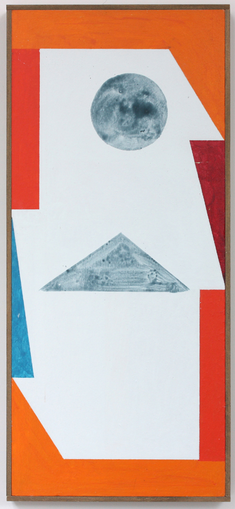 A tall rectangular painting with orange framing shapes and a central grey circle and triangle on a white background