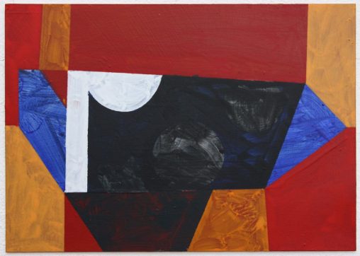A painting with many hard edges, with slightly muted primary colours and central black and white shapes