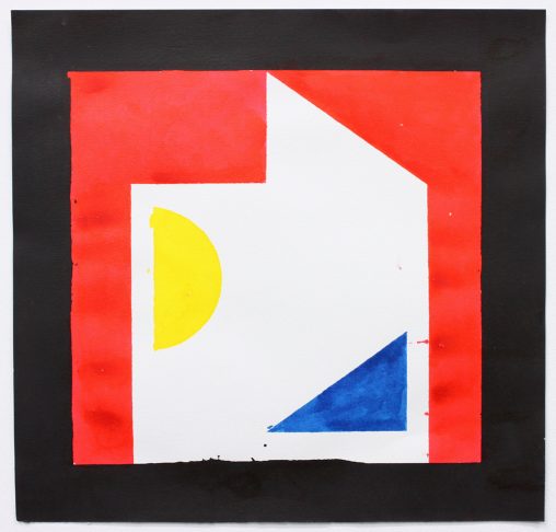 Painting with bright and dark shapes, a blue triangle, a yellow half circle and red blocks surrounding