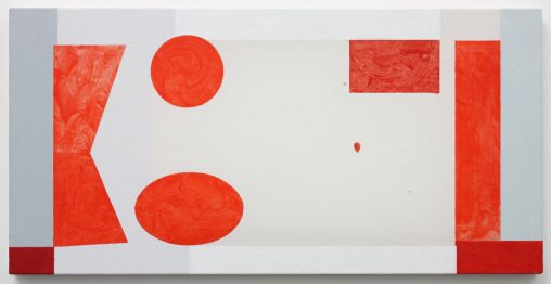 A rectangular painting in landscape format with orange shapes on a grey background