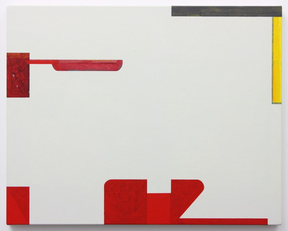 A painting with a grey background, red shapes close to the edges of the piece