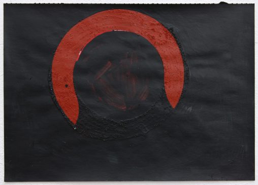 Dark painting with a central circular shape and brick coloured c shape surrounding the circle