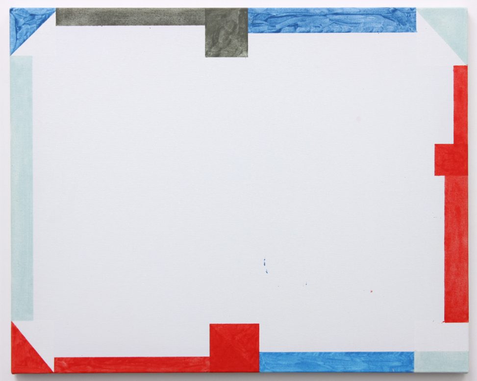 A painting with a white background and shapes of red, blue and grey on the perimeter