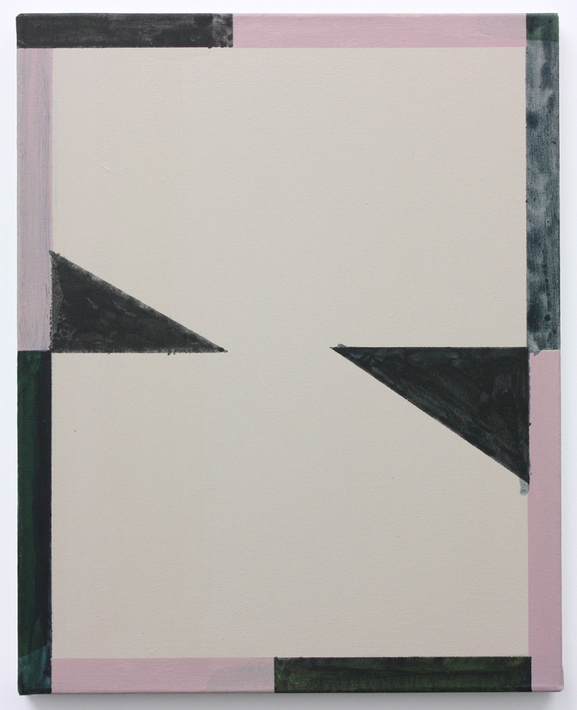 A painting in muted colours, with a pale grey background and triangle shapes as well as a rectangles in grey and pink on the outer edges