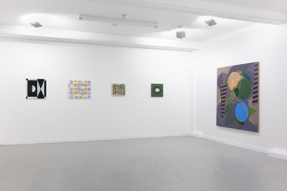 Installation photograph of paintings, one on the left titled Kakopetria, 2020 by David Webb